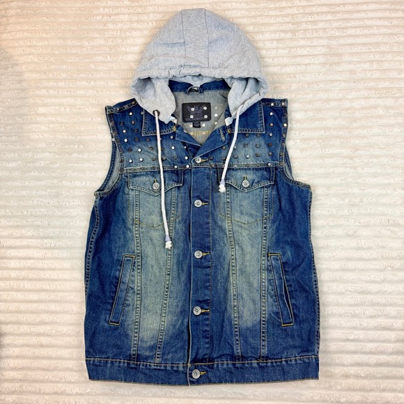 Victorious Other - Victorious Mens Studded Denim Vest with Hood Blue Sleeveless Jean Jacket 2XL